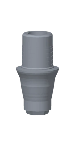 Titanium base: grooved cement post above a concave collar and anti-rotation hex
